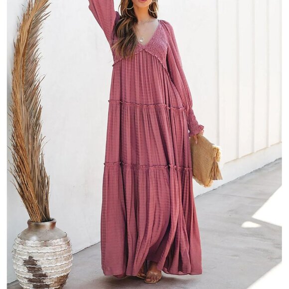 Elegant Long Sleeve Maxi Dress with Empire Waist and Ruffled Hem for Women - Picture 3 of 6